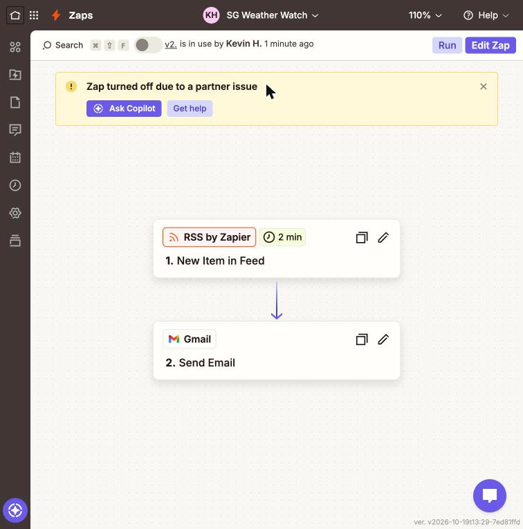Zapier banner: Zap turned off due to a partner issue